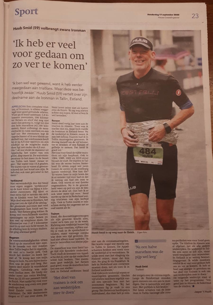 Krantenartikel in de Nieuwe Ooststellingwerver van 17 september 2020 over Huub Smid die de Ironman in Tallinn volbracht