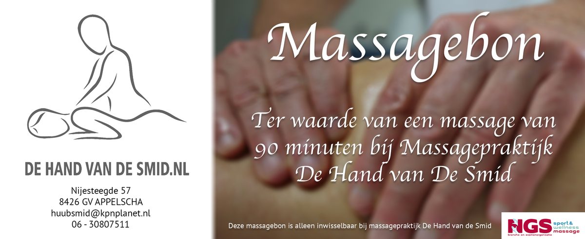De massagebon van Massagepraktijk De Hand van de Smid, ter waarde van een massage van 90 minuten